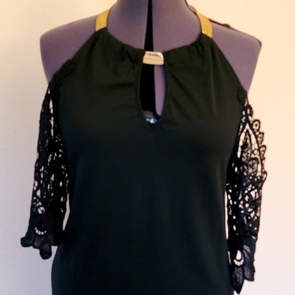 New Vintage Black Holiday Dress Cold Shoulder Lace Sleeves Large - Picture 1 of 5